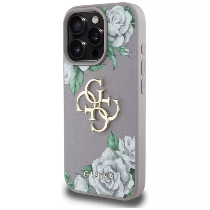 Guess Grained Roses Big 4G Logo Cover posteriore per Apple iPhone 16 Pro - Viola