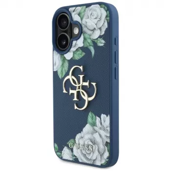 Guess Grained Roses Big 4G Logo Cover per Apple iPhone 16 - blu