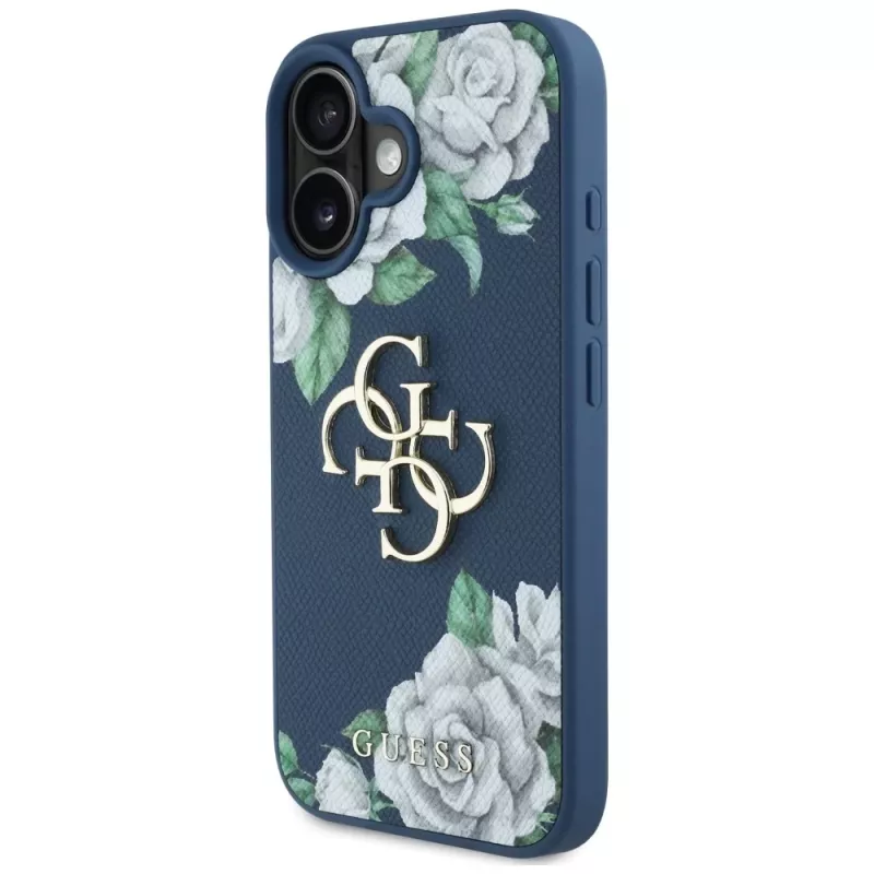 Guess Grained Roses Big 4G Logo Cover per Apple iPhone 16 - blu