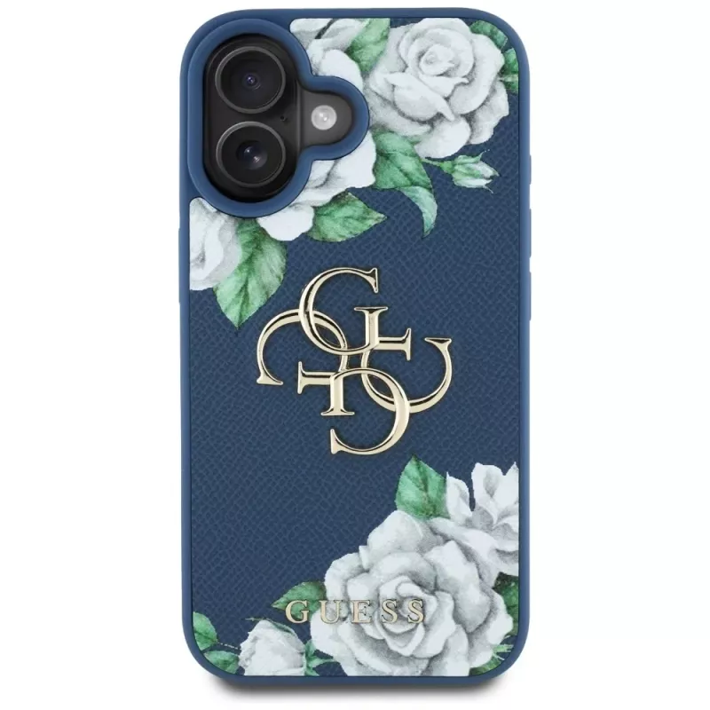 Guess Grained Roses Big 4G Logo Cover per Apple iPhone 16 - blu