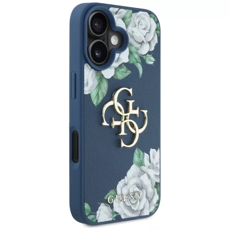 Guess Grained Roses Big 4G Logo Cover per Apple iPhone 16 - blu