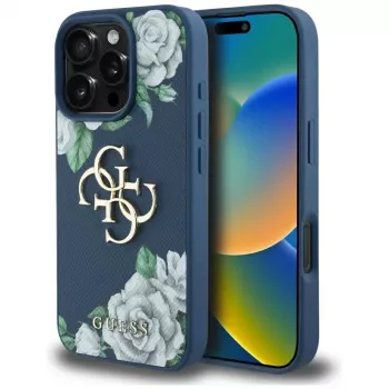 Guess Grained Roses Big 4G Logo Cover per iPhone 16 Pro Max, blu