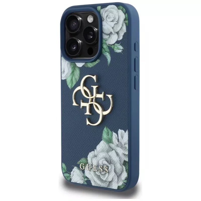 Guess Grained Roses Big 4G Logo Cover per iPhone 16 Pro Max, blu