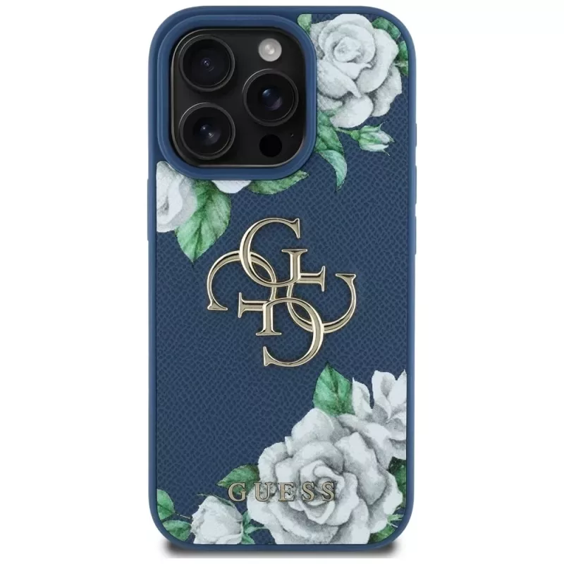 Guess Grained Roses Big 4G Logo Cover per iPhone 16 Pro Max, blu