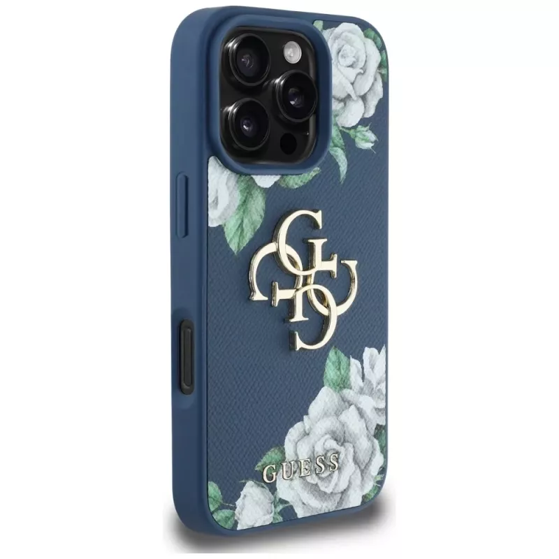 Guess Grained Roses Big 4G Logo Cover per iPhone 16 Pro Max, blu