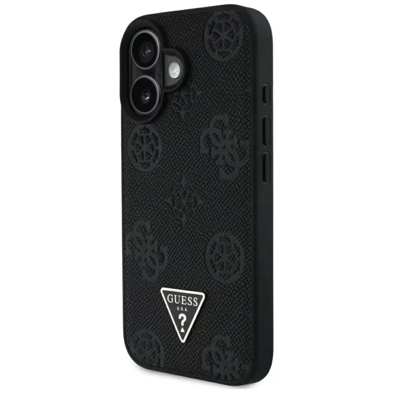 Guess Grained Hot Stamp Peony Triangle Logo MagSafe Cover per iPhone 16 (nero)