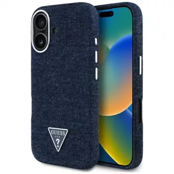 Guess Denim Triangle Logo MagSafe Cover per iPhone 16 blu