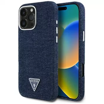 Guess Denim Triangle Logo MagSafe Cover per iPhone 16 Pro blu