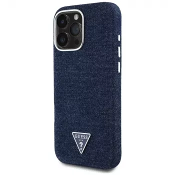 Guess Denim Triangle Logo MagSafe Cover per iPhone 16 Pro blu
