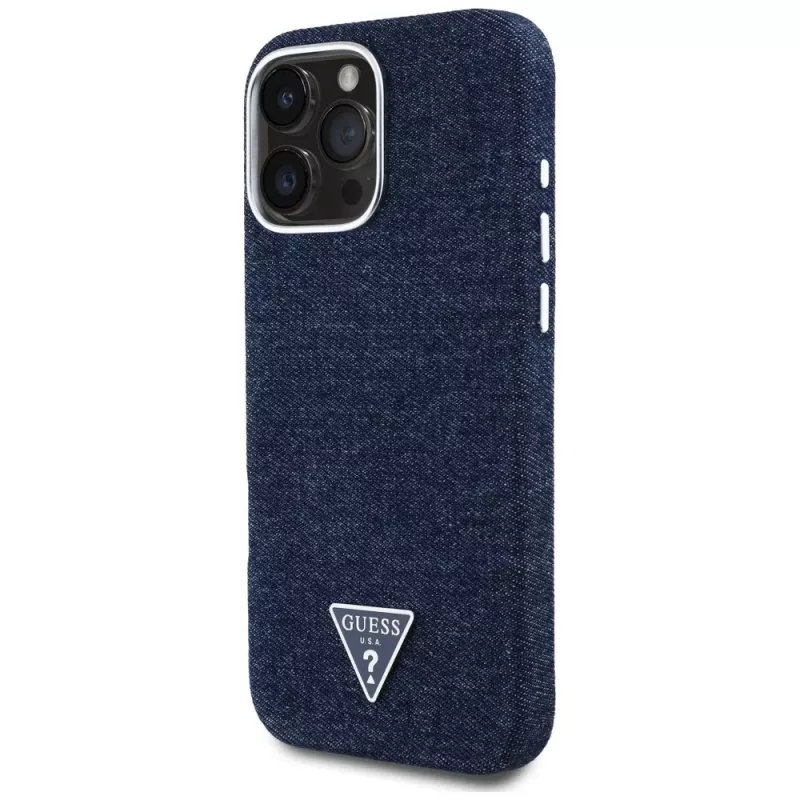 Guess Denim Triangle Logo MagSafe Cover per Apple iPhone 16 Pro Max blu