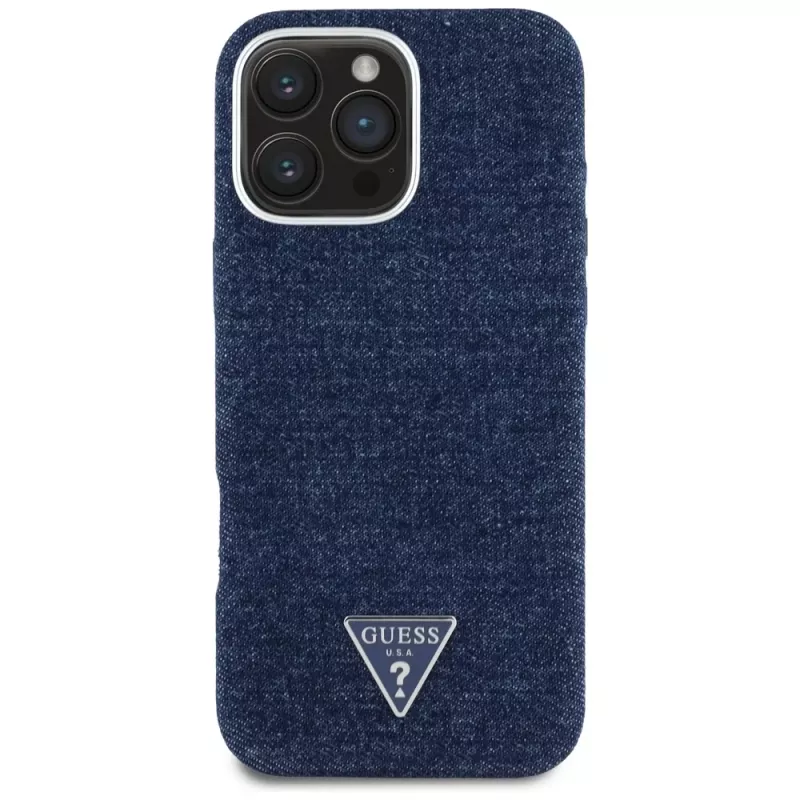 Guess Denim Triangle Logo MagSafe Cover per Apple iPhone 16 Pro Max blu