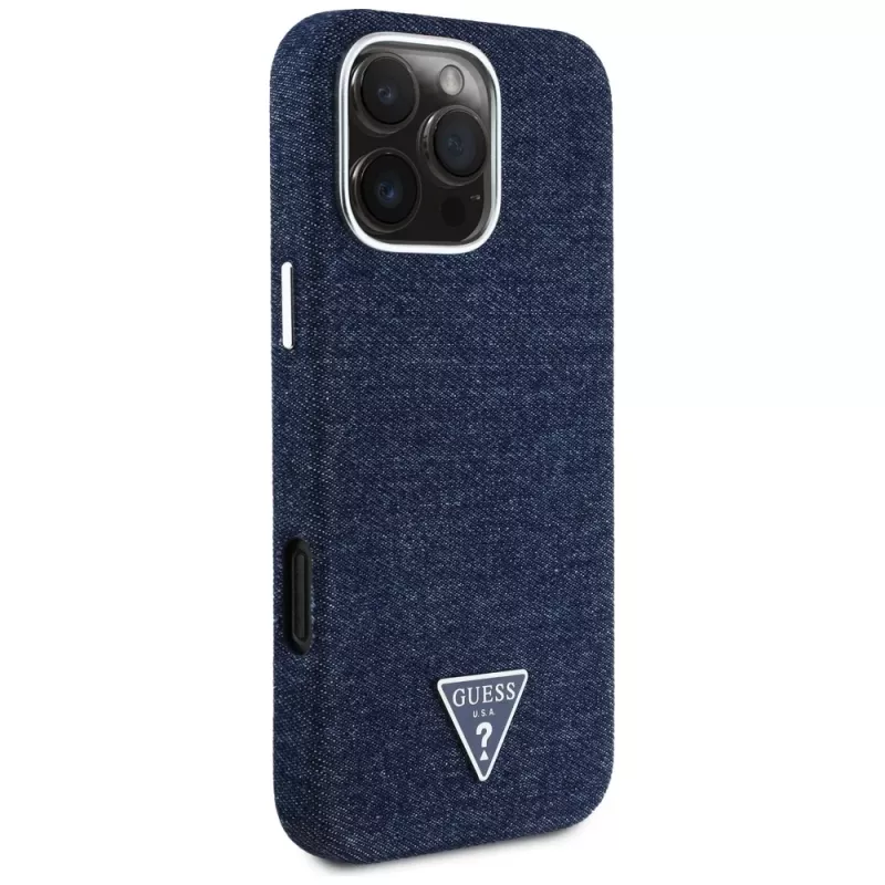 Guess Denim Triangle Logo MagSafe Cover per Apple iPhone 16 Pro Max blu