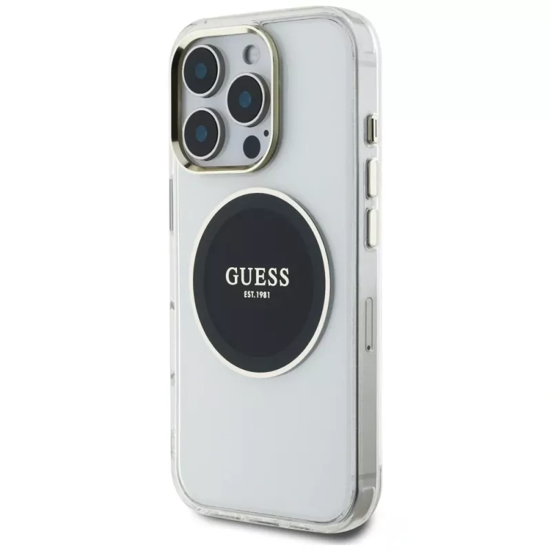 Guess IML Metal Colored Circle Classic Logo MagSafe Cover per iPhone 16 Pro (nero)