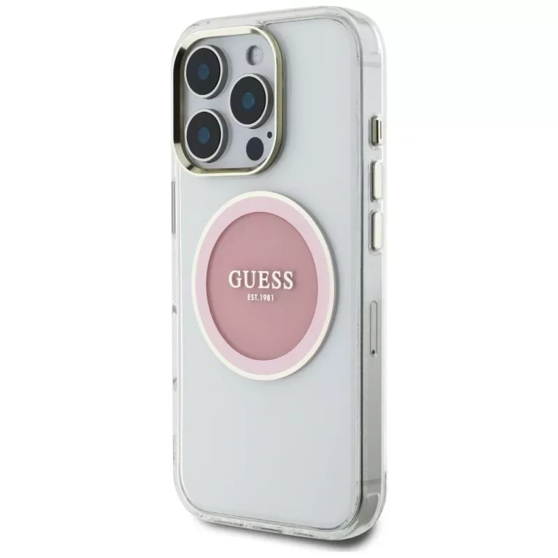 Guess IML Metal Colored Circle Classic Logo MagSafe Cover per iPhone 16 Pro (rosa)