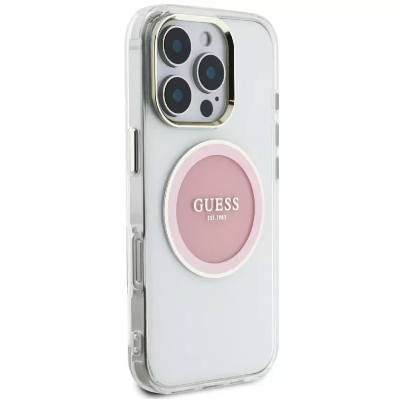 Guess IML Metal Colored Circle Classic Logo MagSafe Cover per iPhone 16 Pro (rosa)