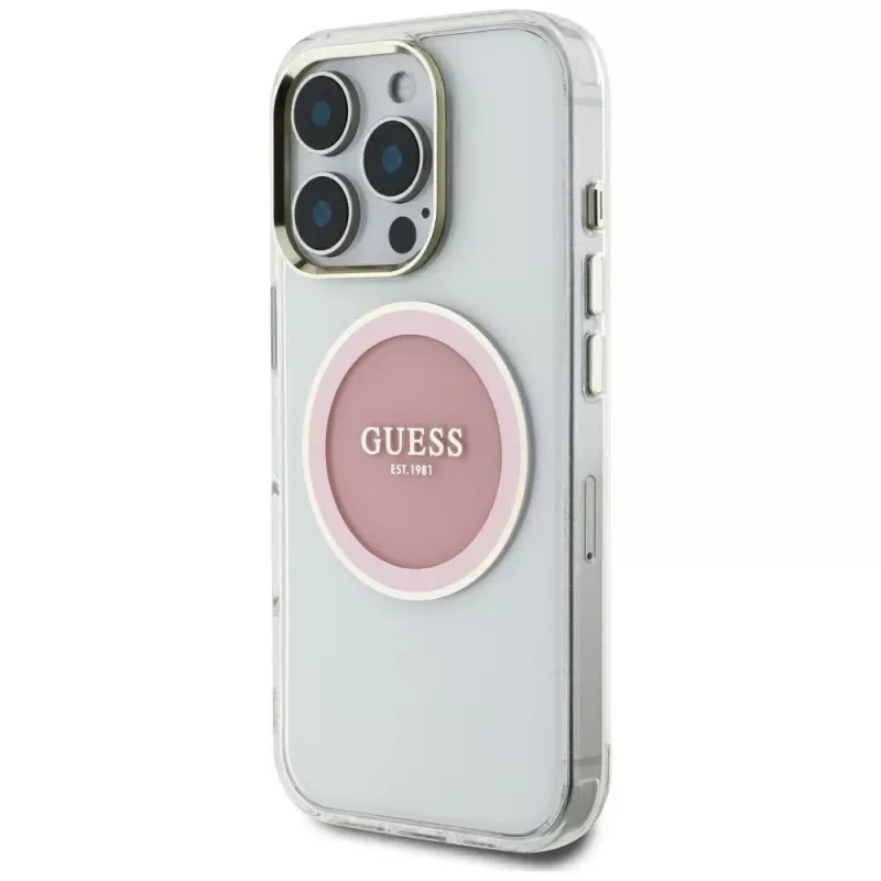 Guess IML Metal Colored Circle Classic Logo MagSafe Cover per iPhone 16 Pro Max (rosa)