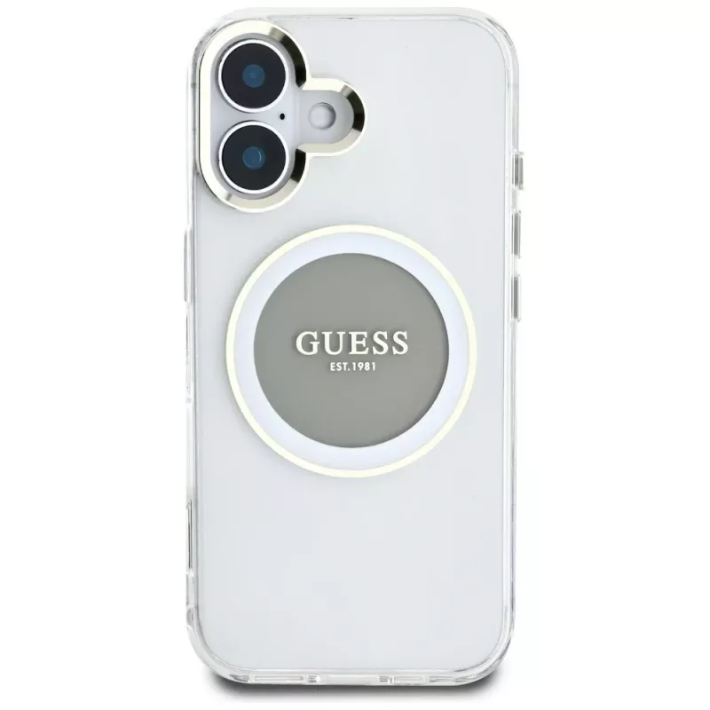 Guess IML Metal Colored Circle Classic Logo MagSafe Cover per iPhone 16 (grigio)