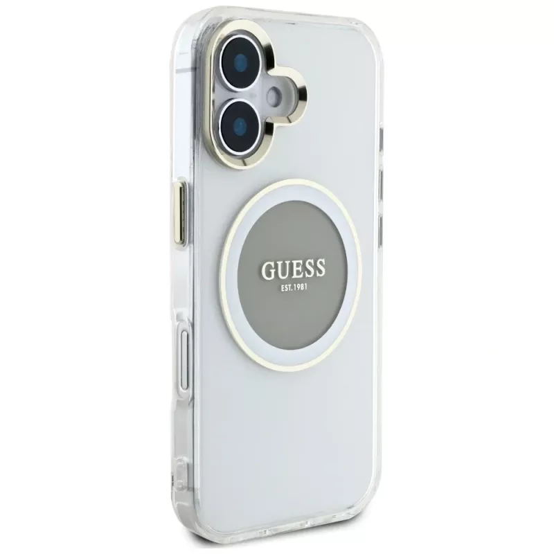 Guess IML Metal Colored Circle Classic Logo MagSafe Cover per iPhone 16 (grigio)