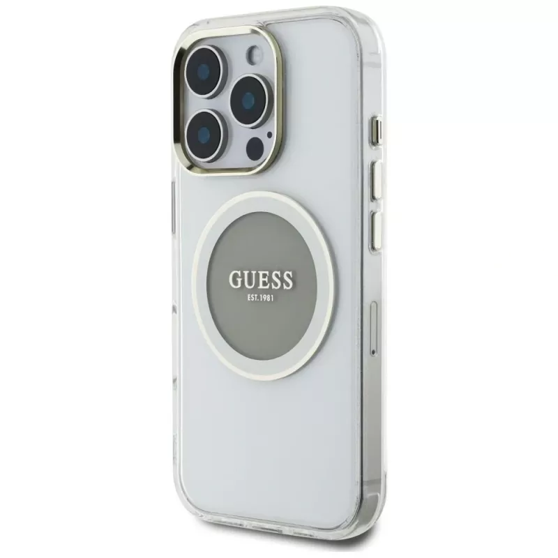 Guess IML Metal Colored Circle Classic Logo MagSafe Cover per iPhone 16 Pro (grigio)