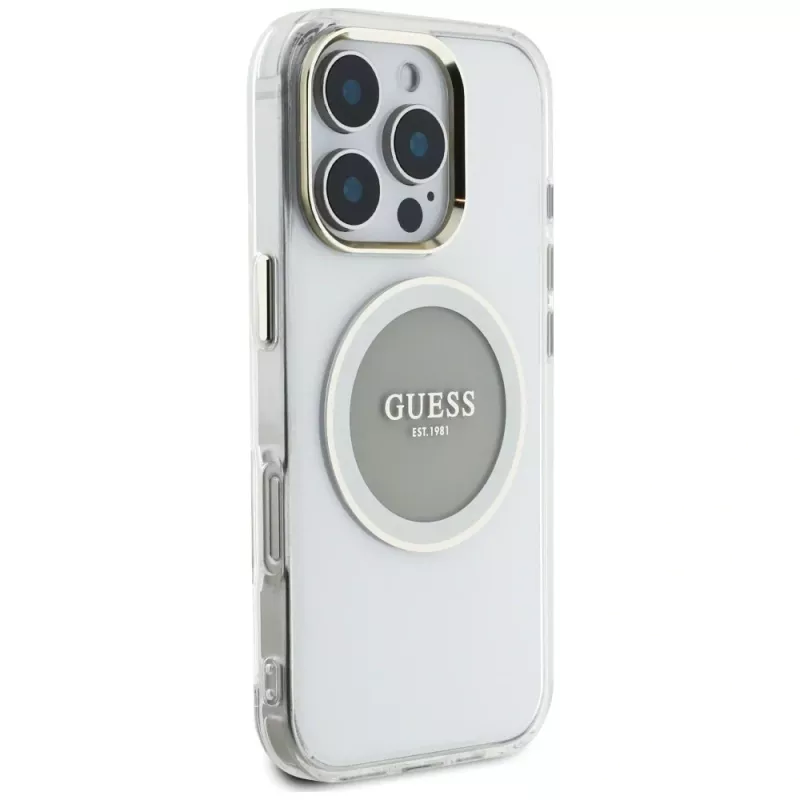 Guess IML Metal Colored Circle Classic Logo MagSafe Cover per iPhone 16 Pro (grigio)