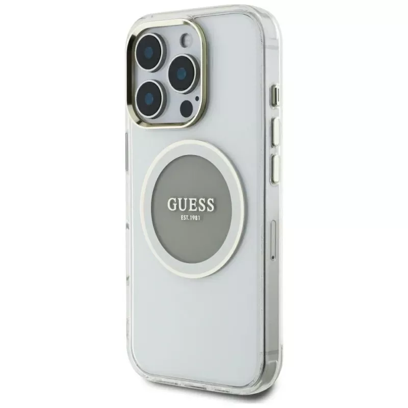 Guess IML Metal Colored Circle Classic Logo MagSafe Cover per iPhone 16 Pro Max (grigio)
