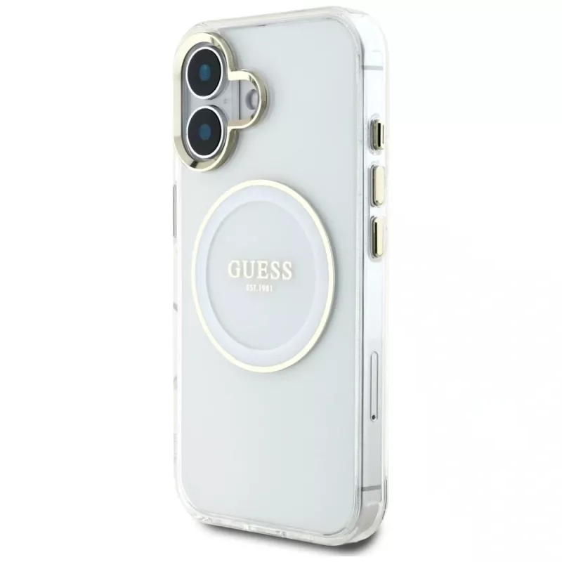 Guess IML Metal Colored Circle Classic Logo MagSafe Cover per iPhone 16 (bianco)