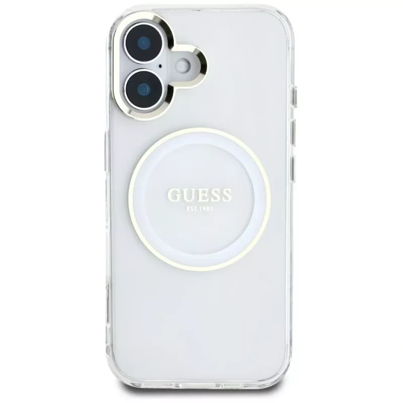 Guess IML Metal Colored Circle Classic Logo MagSafe Cover per iPhone 16 (bianco)