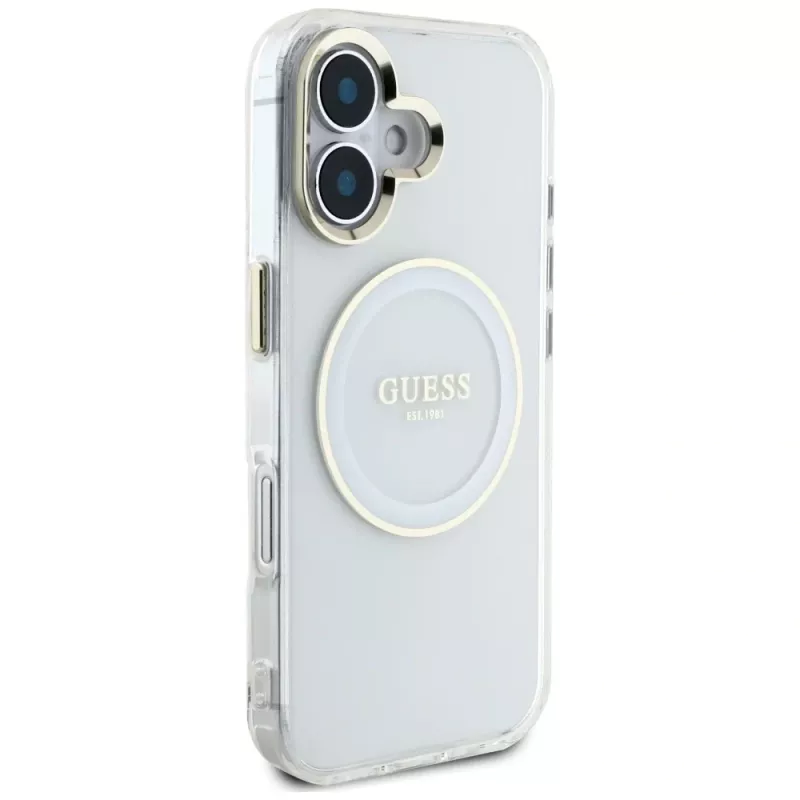 Guess IML Metal Colored Circle Classic Logo MagSafe Cover per iPhone 16 (bianco)