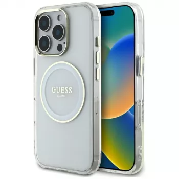 Guess IML Metal Colored Circle Classic Logo MagSafe Cover per iPhone 16 Pro (bianco)