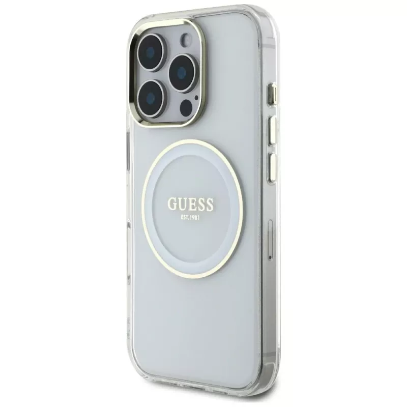 Guess IML Metal Colored Circle Classic Logo MagSafe Cover per iPhone 16 Pro (bianco)