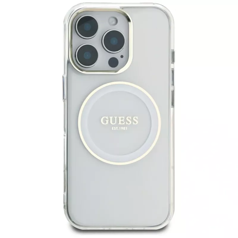 Guess IML Metal Colored Circle Classic Logo MagSafe Cover per iPhone 16 Pro (bianco)