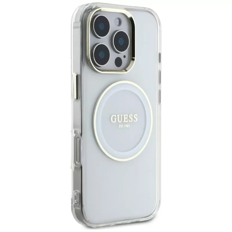 Guess IML Metal Colored Circle Classic Logo MagSafe Cover per iPhone 16 Pro (bianco)