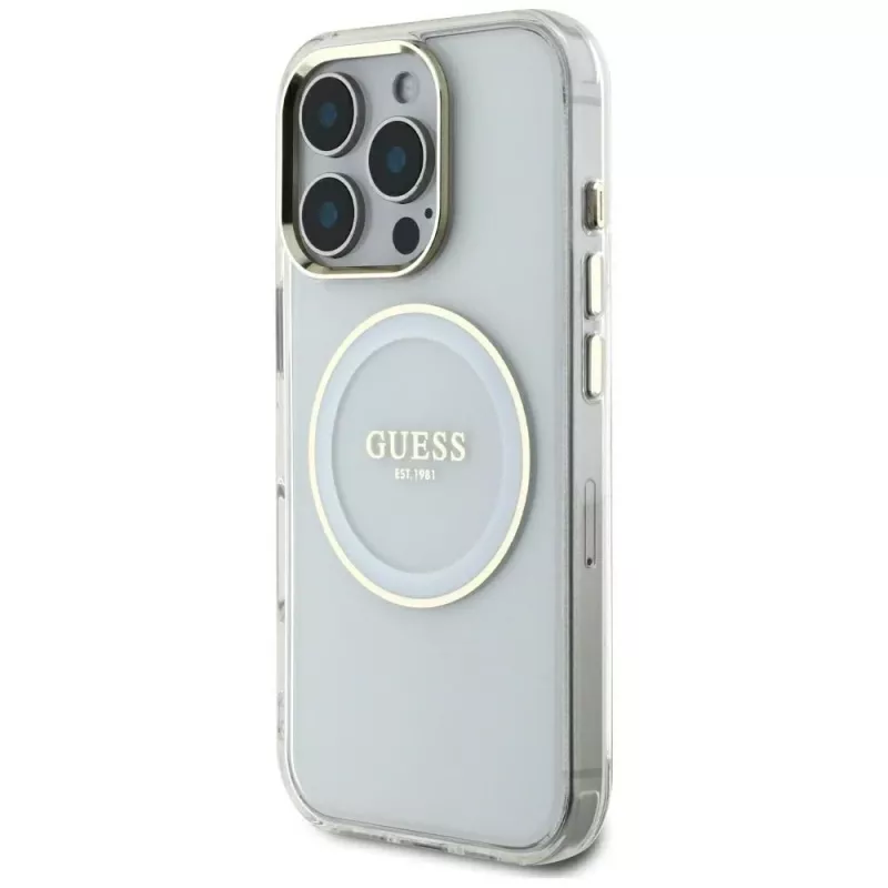 Guess IML Metal Colored Circle Classic Logo MagSafe Cover per iPhone 16 Pro Max (bianco)