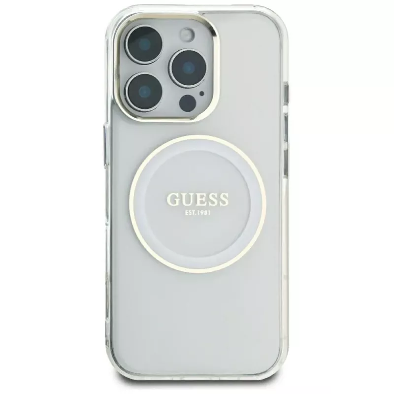 Guess IML Metal Colored Circle Classic Logo MagSafe Cover per iPhone 16 Pro Max (bianco)
