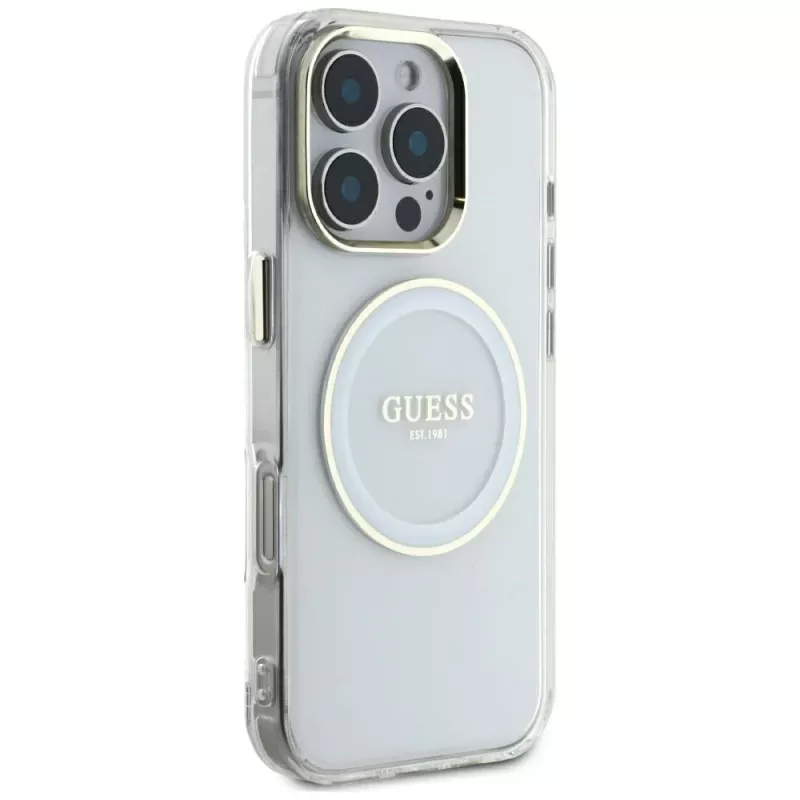 Guess IML Metal Colored Circle Classic Logo MagSafe Cover per iPhone 16 Pro Max (bianco)