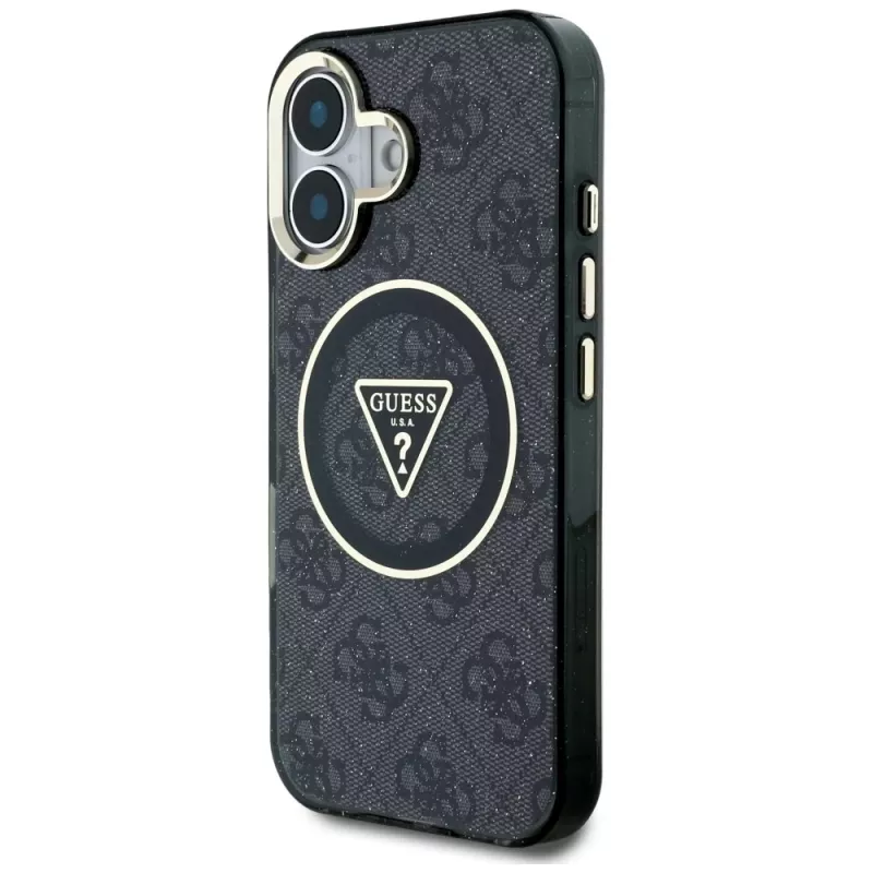 Guess IML Metal Glitter 4G Circle Triangle MagSafe Cover per Apple iPhone 16 (nero)