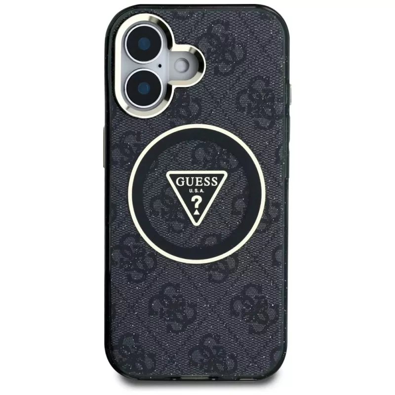 Guess IML Metal Glitter 4G Circle Triangle MagSafe Cover per Apple iPhone 16 (nero)