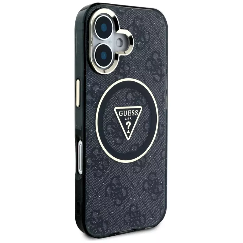 Guess IML Metal Glitter 4G Circle Triangle MagSafe Cover per Apple iPhone 16 (nero)