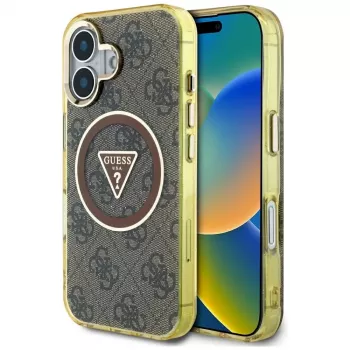 Guess IML Metal Glitter 4G Circle Triangle MagSafe Cover per iPhone 16 (marrone)