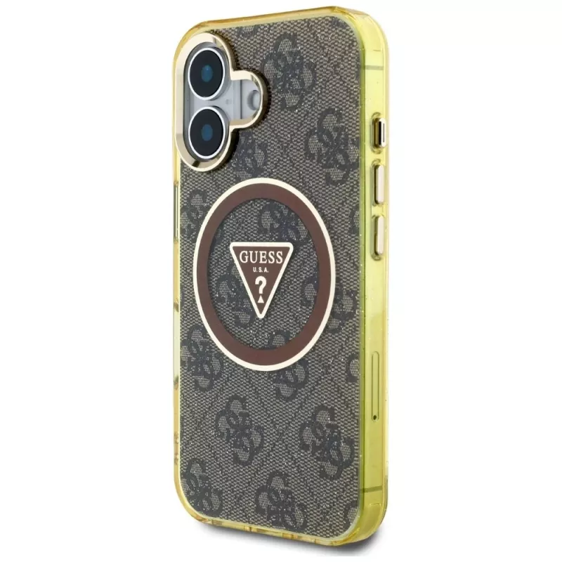 Guess IML Metal Glitter 4G Circle Triangle MagSafe Cover per iPhone 16 (marrone)