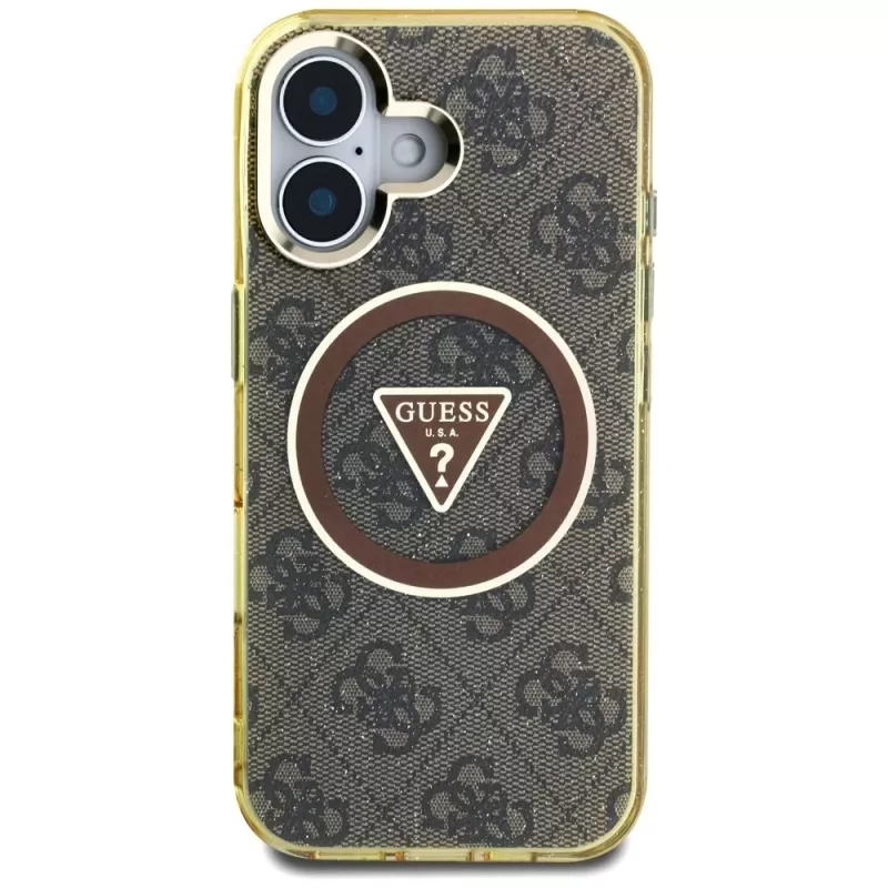Guess IML Metal Glitter 4G Circle Triangle MagSafe Cover per iPhone 16 (marrone)