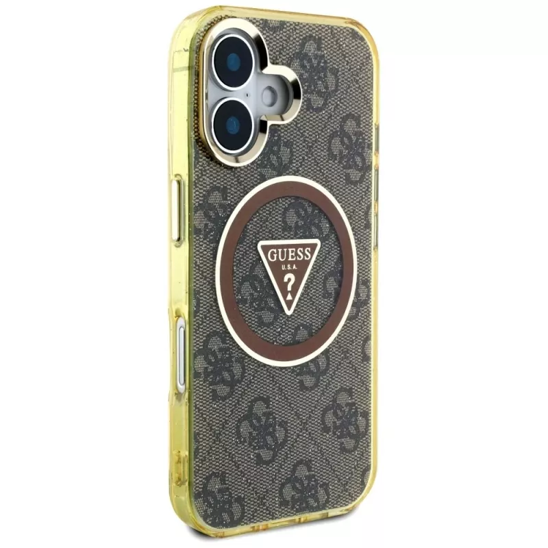 Guess IML Metal Glitter 4G Circle Triangle MagSafe Cover per iPhone 16 (marrone)