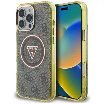 Guess IML Metal Glitter 4G Circle Triangle MagSafe Cover per iPhone 16 Pro (marrone)