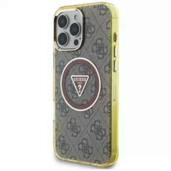 Guess IML Metal Glitter 4G Circle Triangle MagSafe Cover per iPhone 16 Pro (marrone)