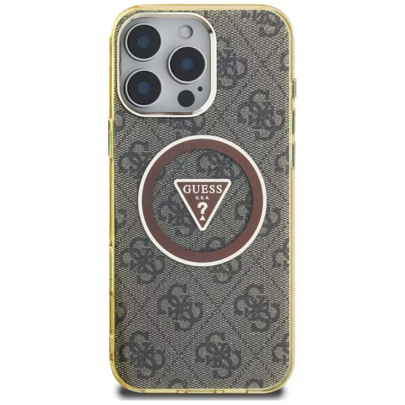 Guess IML Metal Glitter 4G Circle Triangle MagSafe Cover per iPhone 16 Pro (marrone)