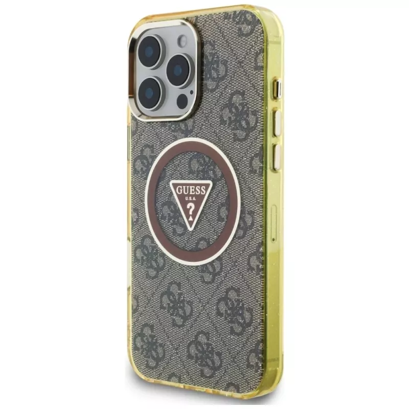 Guess IML Metal Glitter 4G Circle Triangle MagSafe Cover per iPhone 16 Pro Max (marrone)
