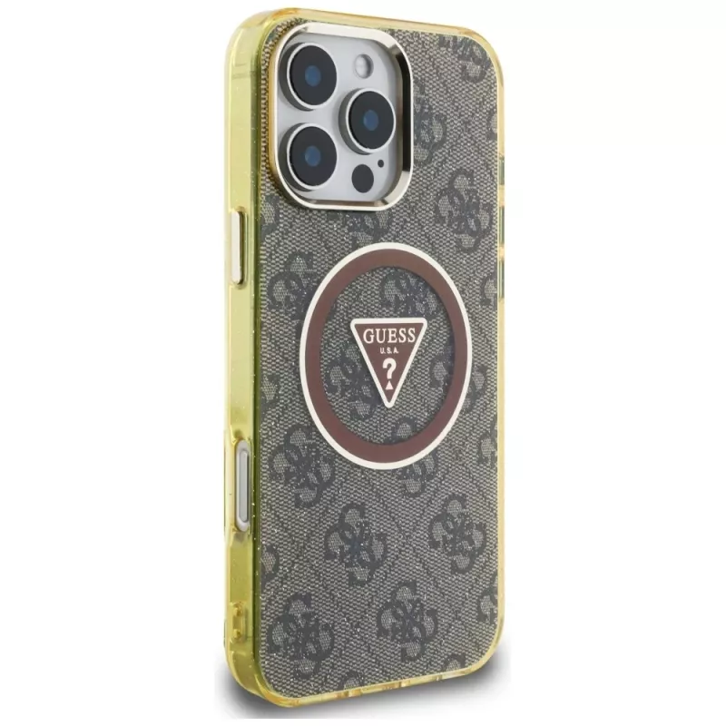 Guess IML Metal Glitter 4G Circle Triangle MagSafe Cover per iPhone 16 Pro Max (marrone)