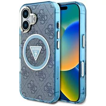 Guess IML Metal Glitter 4G Circle Triangle MagSafe Cover per iPhone 16 (blu)