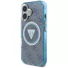 Guess IML Metal Glitter 4G Circle Triangle MagSafe Cover per iPhone 16 (blu)