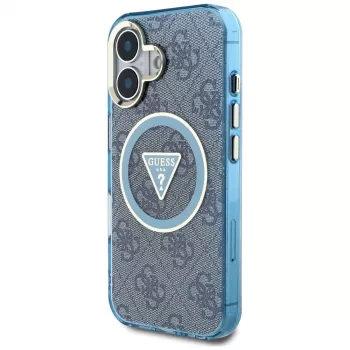 Guess IML Metal Glitter 4G Circle Triangle MagSafe Cover per iPhone 16 (blu)